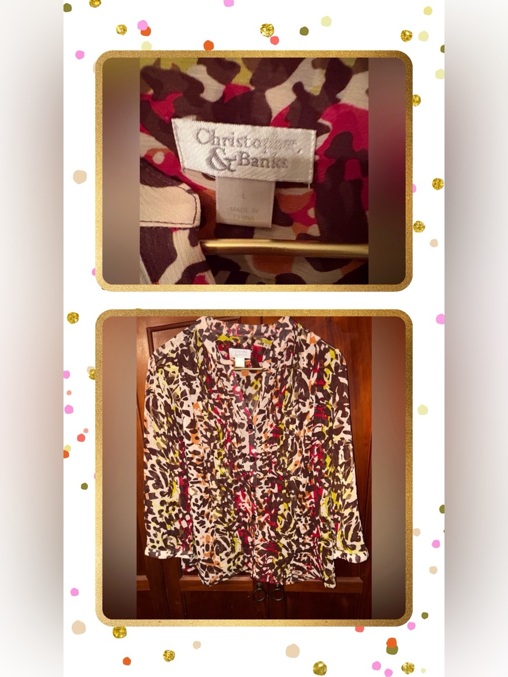 Christopher‎ & Banks Brown/Cream/Orange/Red & Green Sheer Blouse #1122